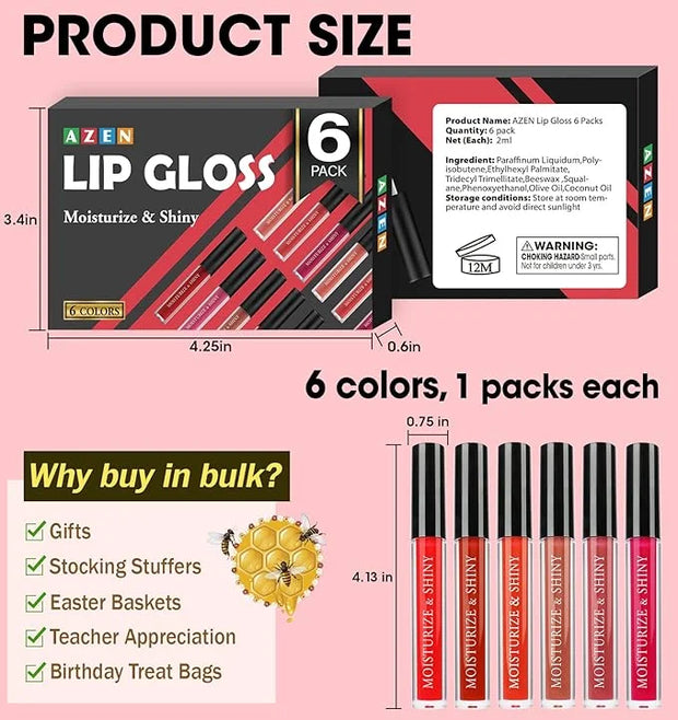 AZEN 6 Pack Lip Gloss Bulk Set, Shimmery Lip Gloss for Women and Girls With Rich Varied Colors - Product Image