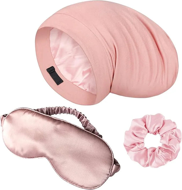 Lulusilk Silk Sleep Mask and Cap Set - Pink Silk Eye Mask and Bonnet Scrunchie Set - Product Image