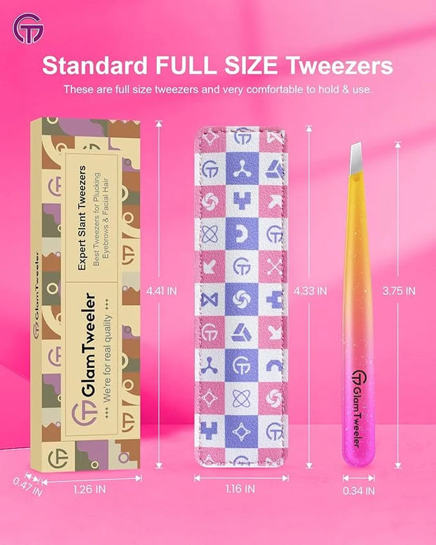 Expert Eyebrow Hair Removal Tweezer with Leather Case, GlamTweeler High Precision Slant Tip Stainless Steel Tweezers for M...