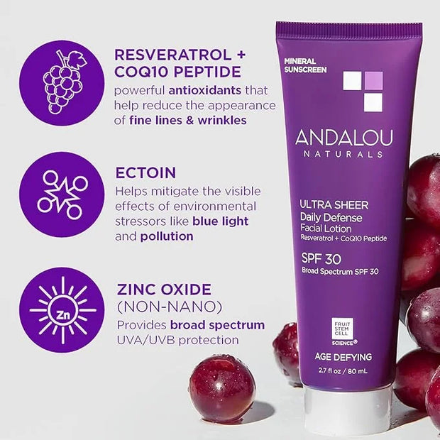 Andalou Naturals Age Defying Face Sunscreen, SPF 30 Zinc Oxide Mineral Sunscreen, Ultra Sheer Daily Defense Face Lotion, H...