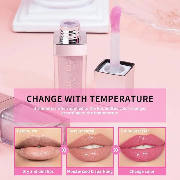 2PCS Hydrating Lip Glow Oil, Plumping Lip Gloss, Clear to Pink Lip Oil Gloss, Transparent Moisturizing Lip Balm, Natural L...