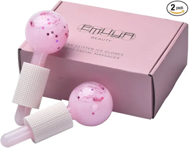 Ice Globes for Facials – Facial Tools for Face & Eye Puffiness Relief, Cool Skincare Cryo Tools - Pink Drink Glitter - Pro...