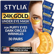 Stylia Under Eye Patches for Puffy Eyes and Dark Circles (30 Pairs) - 24k Gold Under Eye Mask with Vitamin C, Hyaluronic A...