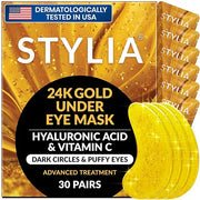 Stylia Under Eye Patches for Dark Circles and Puffy Eyes (30 Pairs) - 24k Gold Under Eye Mask with Vitamin C, Hyaluronic A...