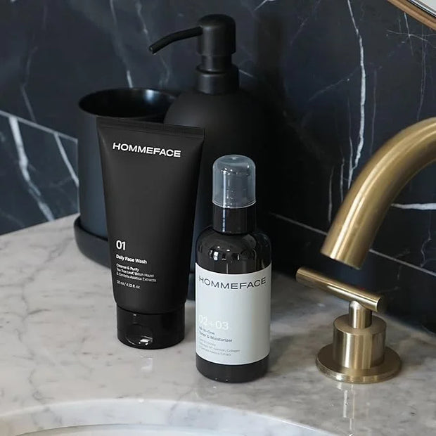 HOMMEFACE Men’s 2-Step Daily Skincare Kit + 5 Facial Sheet Mask Set Bundle - Product Image