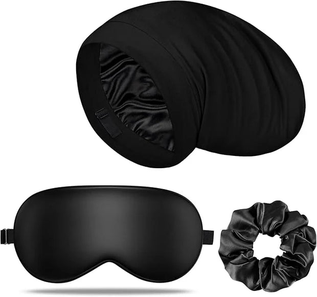 LULUSILK Silk Sleep Mask and Silk Sleep Cap Set, BlackLULUSILK Silk Eye Sleep Mask and Silk Hair Bonnet Set Silk Eye Mask ...