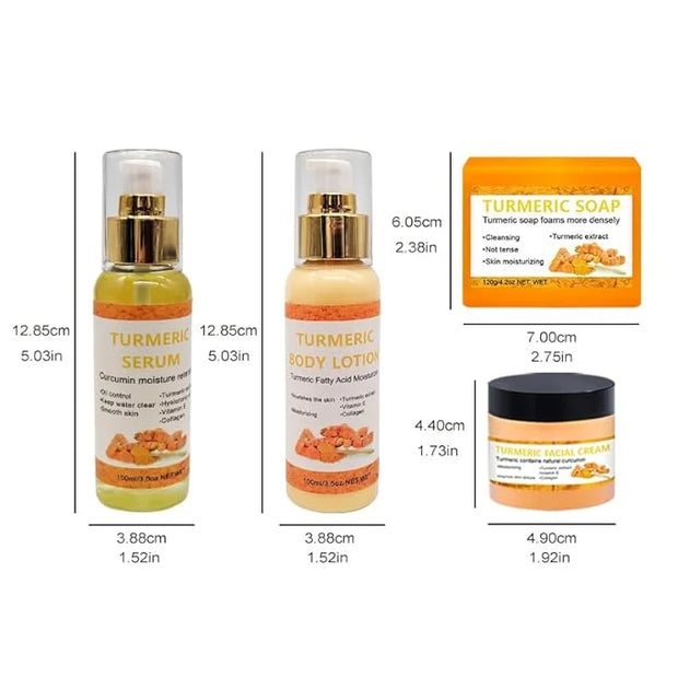 4 Packs Turmeric Serum,Turmeric Soap,Turmeric Body Lotion,Turmeric Facial Cream with Vitamin C, Vitamin E, Collagen,Hyalur...