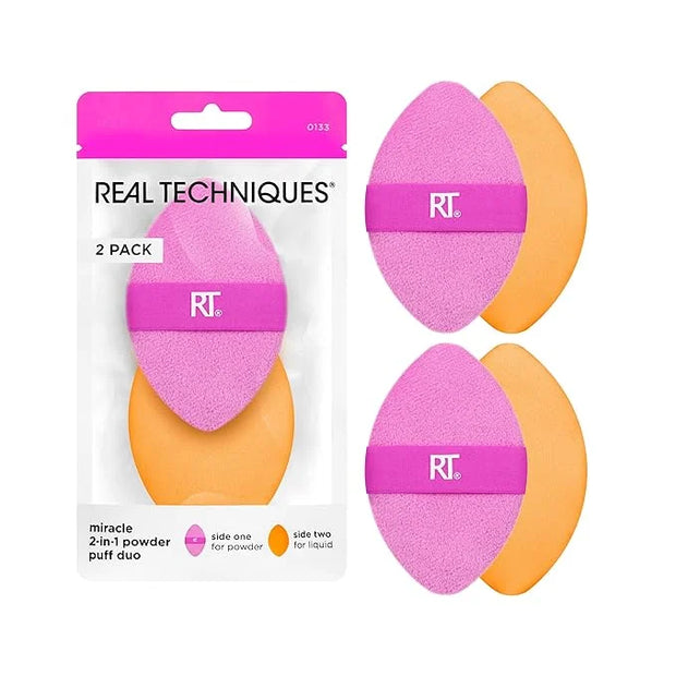 Real Techniques Miracle 2-In-1 Powder Puff 2 Pack, Dual-Sided, Full Size Makeup Blending Puff, Reversible Elastic Band, Ma...