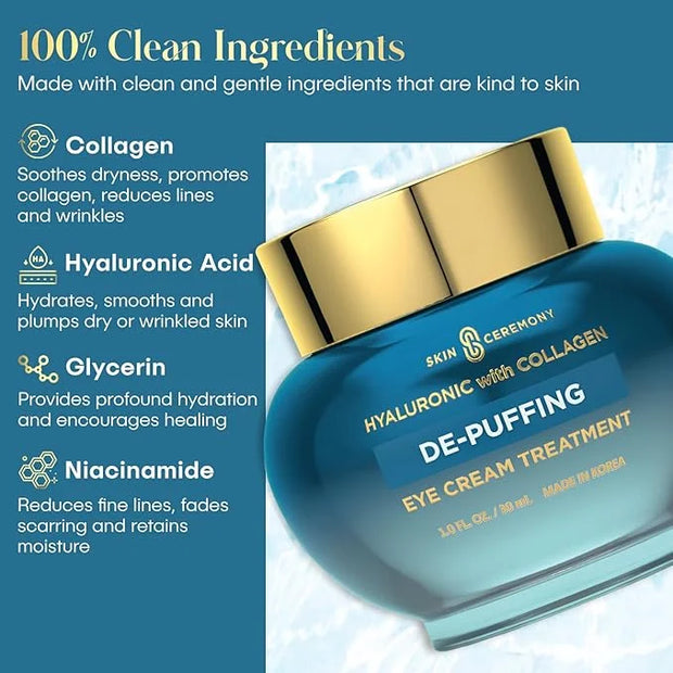 Hyaluronic Acid & Collagen De-Puffing Eye Cream - Reduces Under Eye Bags & Dark Circles, Hydrates - Dermatologist Tested, ...