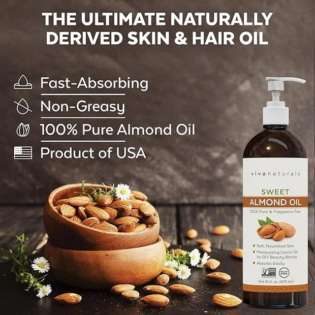 Sweet Almond Oil for Skin - Body Oil, Hair Moisturizer and Relaxing Massage and Oil, Carrier Oil for Essential Oils Mixing...
