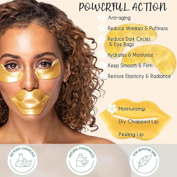 CCbeauty 24 Packs Lip Masks & Eye Mask Bulk,24K Gold Under Eye Patches for Puffy Eyes,Dark Circles,Collagen Eye gel Pads f...