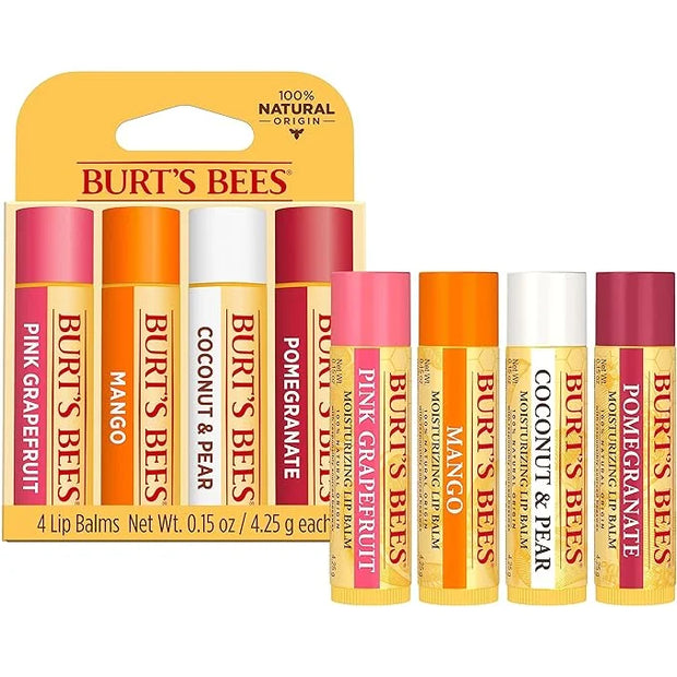 Burt's Bees Lip Balm - Pink Grapefruit, Mango, Coconut & Pear, and Pomegranate Pack, Lip Moisturizer With Beeswax, Tint-Fr...