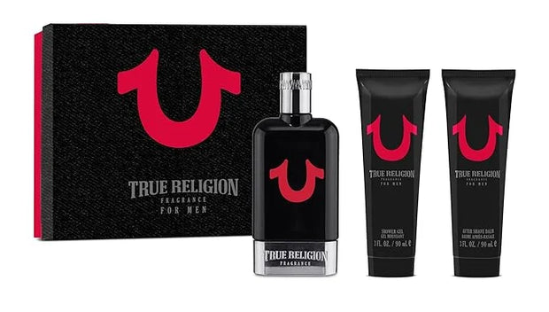 True Religion Men 3-Piece Gift Set - Men's Cologne - 3.4 fl oz EDT,3 oz ml Shower Gel, 3 oz Aftershave Balm - citrus, wood...