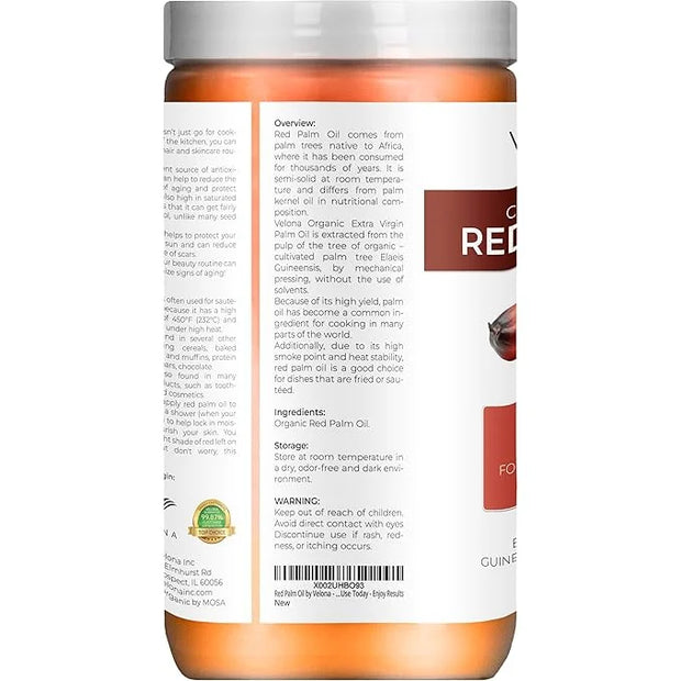 velona USDA Certified Organic Red Palm Oil 64 Fl Oz | Food and Cosmetic Grade | in jar | Extra Virgin, Cold Pressed | Skin...