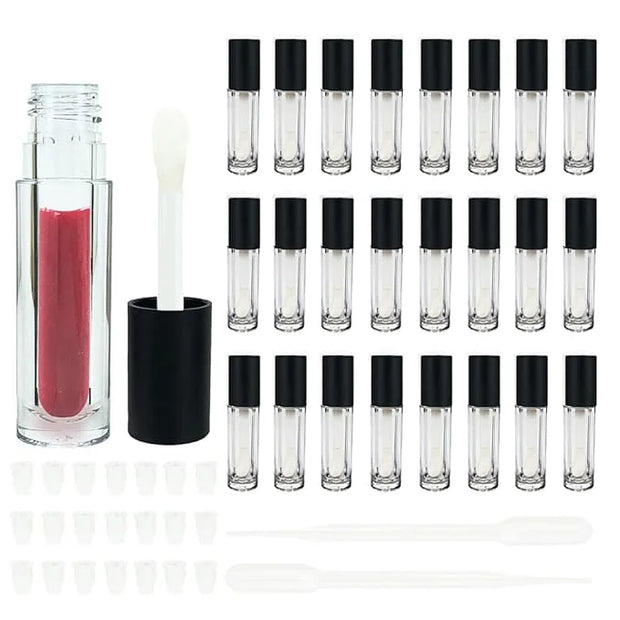COSIDEA 24 pcs Empty 5ml big brush lip gloss tube black round lipgloss tubes container with big doe foot wand cosmetic pac...