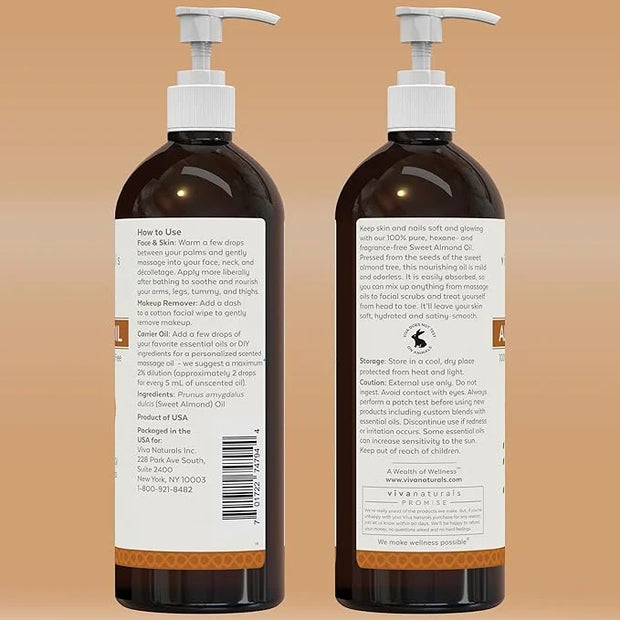 Sweet Almond Oil for Skin - Body Oil, Hair Moisturizer and Relaxing Massage and Oil, Carrier Oil for Essential Oils Mixing...