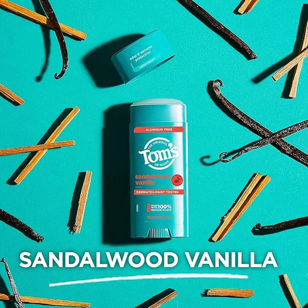 Tom's of Maine Sandalwood Vanilla Aluminum Free Natural Deodorant For Women & Men | Goes on Clear | Odor & Wetness Protect...