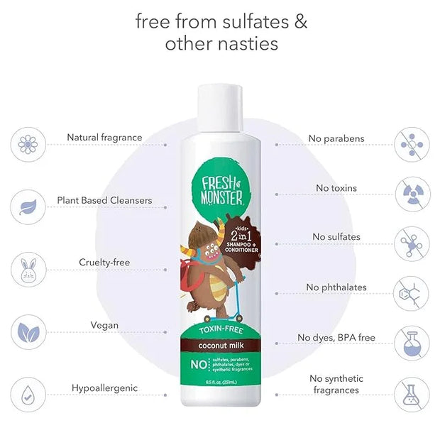 Fresh Monster 2-in-1 Kids Shampoo & Conditioner, Toxin-Free, Hypoallergenic, Tear-free Shampoo & Conditioner for Kids, Coc...