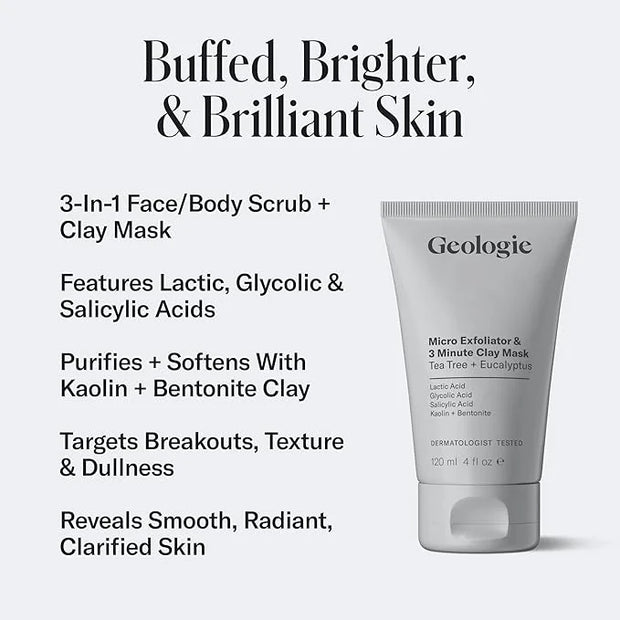 Geologie Micro Exfoliator & Clay Mask | 3-in-1 Deep Cleansing Face Wash, Pore Refining Mask & Skin Exfoliant | Tea Tree & ...