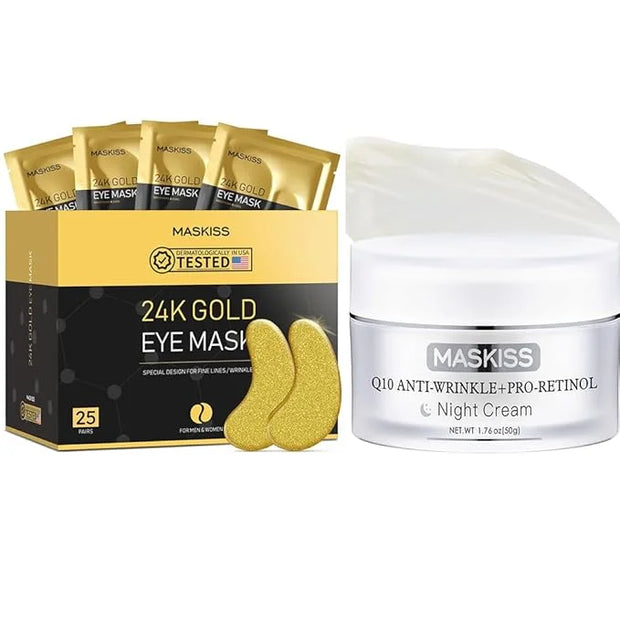 24K Gold Under Eye Patches (25 Pairs) & Q10 Anti-Wrinkle Night Cream, Pro-Retinol Face Moisturizer for Firming, Hydrating ...