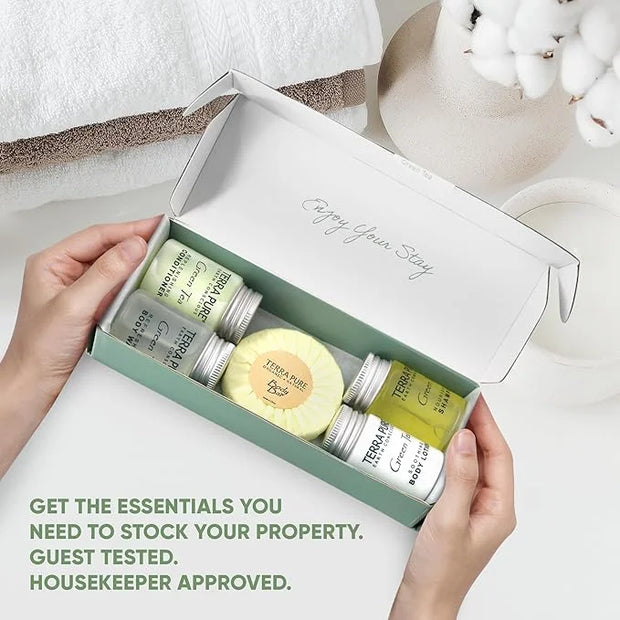 Terra Pure Green Tea Amenity Kit | Boxed Hotel Bulk Toiletries | 1 oz Shampoo, Conditioner, Lotion, Body Wash, Body Bar So...