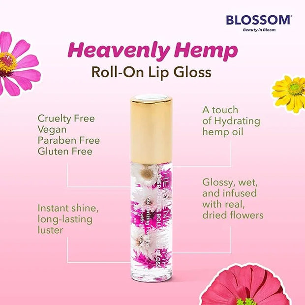 Blossom Roll on Lip Gloss, Scented Clear High Shine Moisturizing Lip Oil, Non Sticky, Infused with Real Flowers, Made in U...