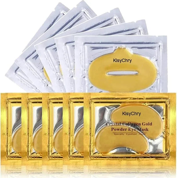 24K Gold Gel Crystal Collagen Lip and Eye Mask, 5 Pairs Gold Eye Mask Pads and 5 Pcs Gold Lip Patches for Moisturizing, An...