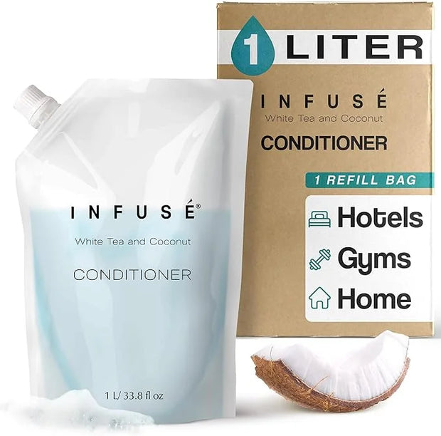 1 Liter Conditioner Refill Bag For Soap Dispensers | Bulk Toiletries for Vacation Rentals, and Home Bathroom Showers | Whi...