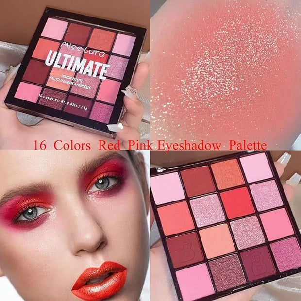 16 Colors Pink Matte Glitter Metallic Eye Shadow Palette, Korean Eyeshadow Palette Makeup, Pigmented Red Eyeshadow Kit for...