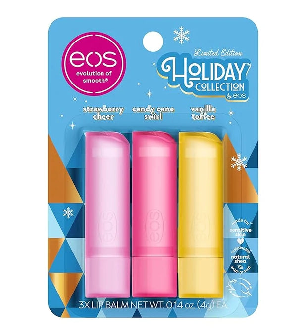 eos Holiday Lip Balm Gift- Strawberry Cheer, Candy Cane Swirl & Vanilla Toffee, Stocking Stuffers, All-Day Moisture Lip Ca...