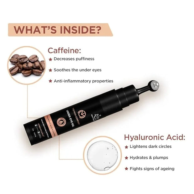 The Man Company Under Eye Gel With Cooling Massage Roller For Dark Circles, Fine Lines & Puffy Eyes with Caffeine & Hyalur...