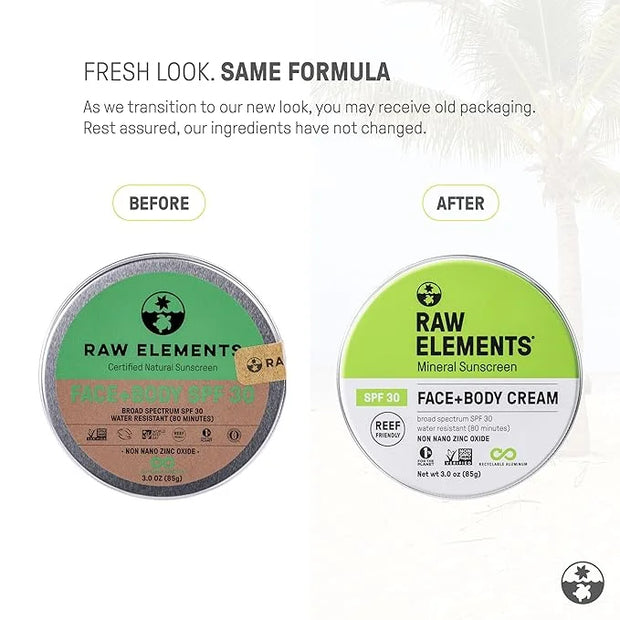 Raw Elements Face and Body Mineral Sunscreen SPF 30 Tin, Organic Sunblock Daily Protection, Non Toxic Reef Safe, Water Res...