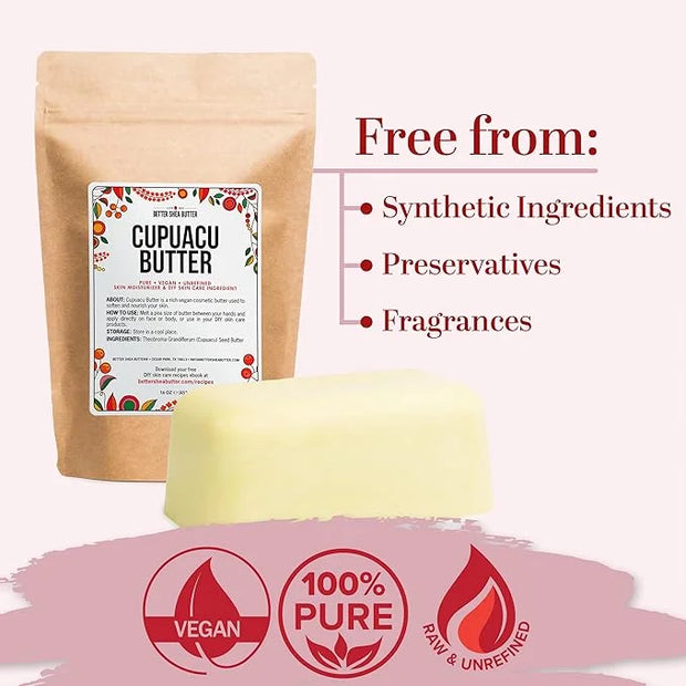 Cupuacu Butter Raw, Pure & Unrefined for Hair Growth & Dry Skin on Body and Face - Brazilian Body Butter Base for DIY Loti...
