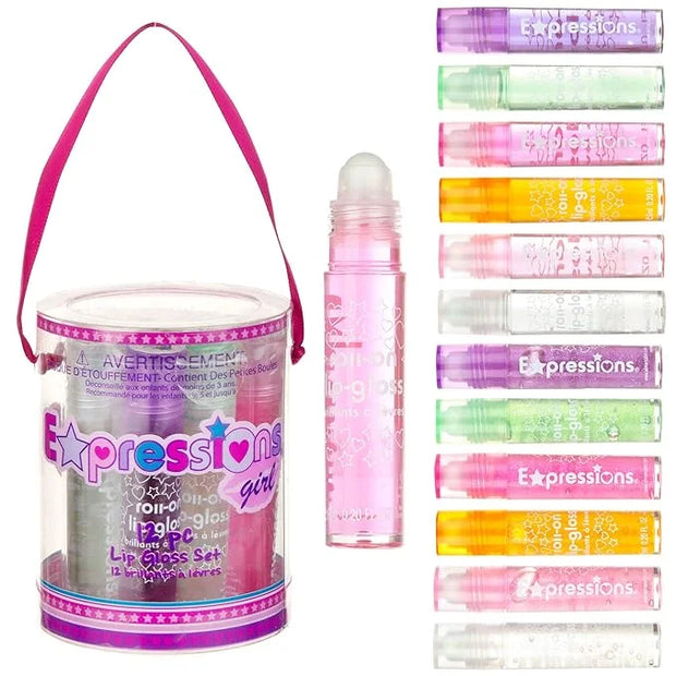 Expressions 12pc Roll On Lip Gloss Set with Carrying Case, 12-Piece Glossy Lip Makeup - Assorted Fruity Flavors, Non Toxic...