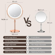 10X Large Lighted Makeup Mirror, Rechargeable 8" Height Adjustable Vanity Mirror, 1x/10x Magnifying Mirror with 3 Color, B...