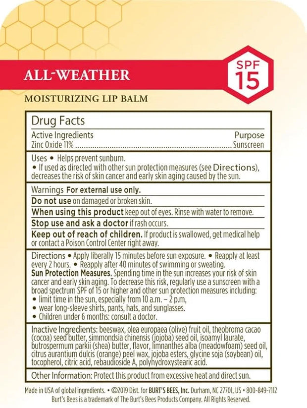 Burt's Bees All Weather SPF 15 Lip Balm, Water-Resistant Lip Moisturizer, Tint-Free, Natural Conditioning Lip Treatment, 1...