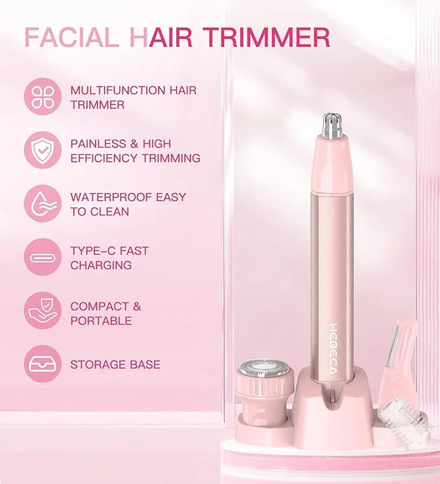 Nose Hair Trimmer for Women 3in1 Facial Hair Removal Trimmers with Storage Base - Waterproof, Portable USB Rechargeable wi...