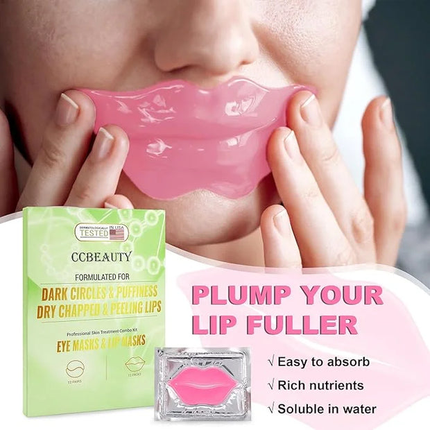 CCbeauty 24 Packs Lip Masks & Eye Mask Bulk,24K Gold Under Eye Patches for Puffy Eyes,Dark Circles,Collagen Eye gel Pads f...