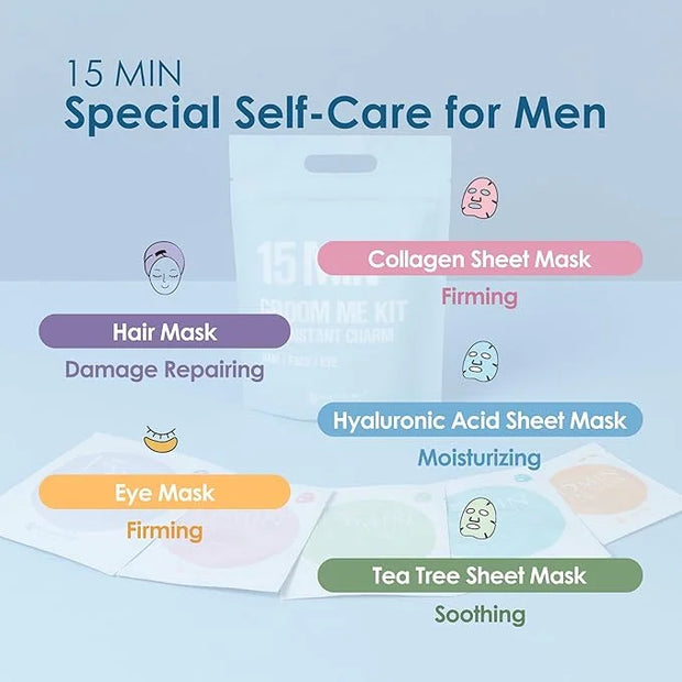 15 Min Pamper Me and Groom Me Kit (12pc): Home Spa Gift set with Korean Face Mask Essentials for Men and Women - Product I...