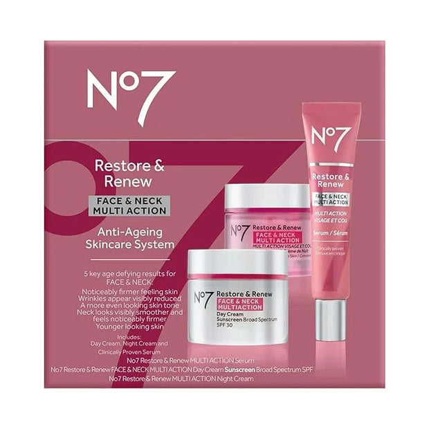 No7 Restore & Renew Face & Neck Multi Action Skincare System - SPF 30 Day Cream with Vitamin C & Collagen Peptides + anti-...