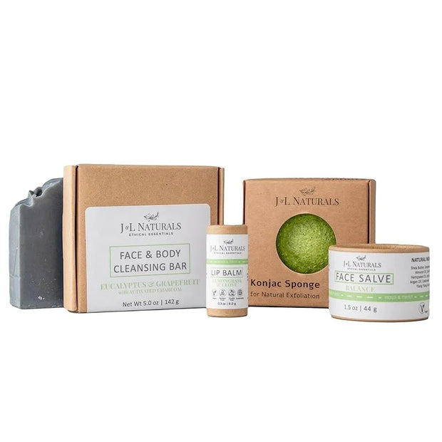 J&L Naturals Simple Skin Regimen Kit With Cleansing Bar, Face Salve, Konjac Sponge, Lip Balm | For Oily, Dry, Mature, and ...