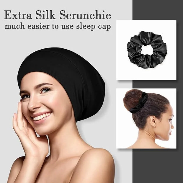 LULUSILK Silk Sleep Mask and Silk Sleep Cap Set, BlackLULUSILK Silk Eye Sleep Mask and Silk Hair Bonnet Set Silk Eye Mask ...