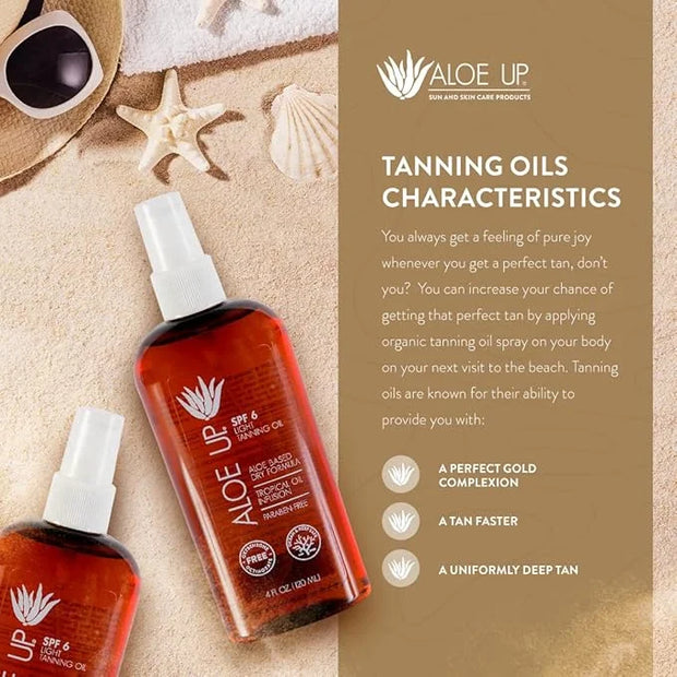 Aloe Up Light Tanning Oil With SPF 6 Sunscreen - Body and Face Tanning Oil for Outdoor Sun - With Pure Aloe Vera Oil and N...