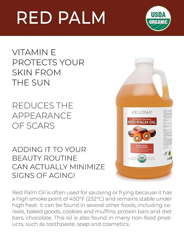 velona USDA Certified Organic Red Palm Oil 1 Gallon / 128 Fl Oz | Food and Cosmetic Grade | in jar | Extra Virgin, Cold Pr...