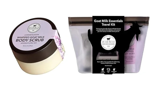Dionis Goat Milk Lavender Blossom 6 Pc Self-Care Travel Set + 8oz Whipped Body Scrub – Hydrating Exfoliation & Moisture Ki...