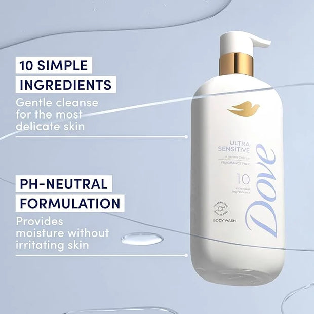 Dove Fragrance Free Body Wash Ultra Sensitive Gentle all-over cleanse 10 essential ingredients 18.5 oz - Product Image