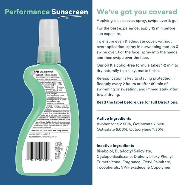 KINeSYS Performance Sunscreen Vanilla-Green Tea Scented Clear Spray Sunscreen, SPF 30, Hypoallergenic, Broad Spectrum UVA/...
