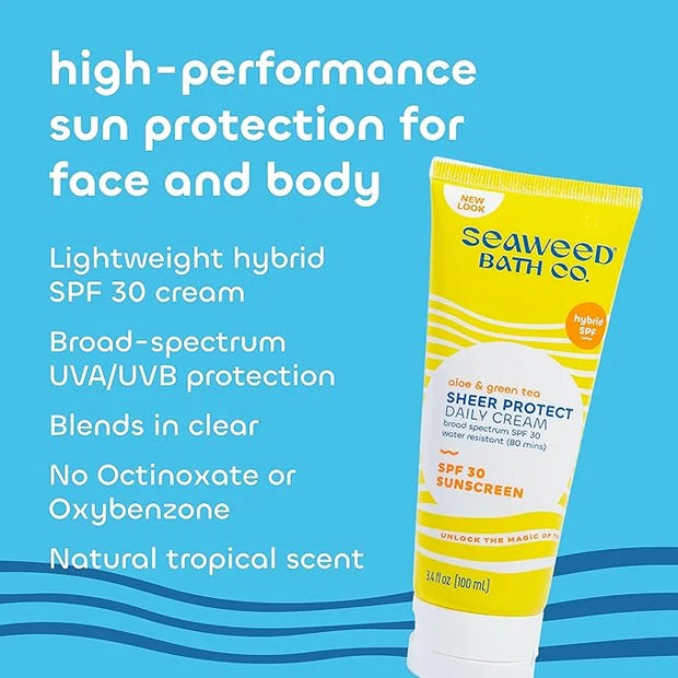 Seaweed Bath Co. Sheer Protect Daily SPF 30 Broad Spectrum Hybrid Sunscreen Cream, 3.4 Ounce, Sustainably Harvested Seawee...