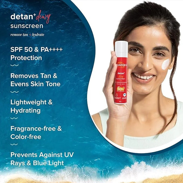 Detan+ Dewy Face Sunscreen with SPF 50+ & PA++++ | Broad Spectrum Protection & No White Cast | Fights Sun Damage with Cher...