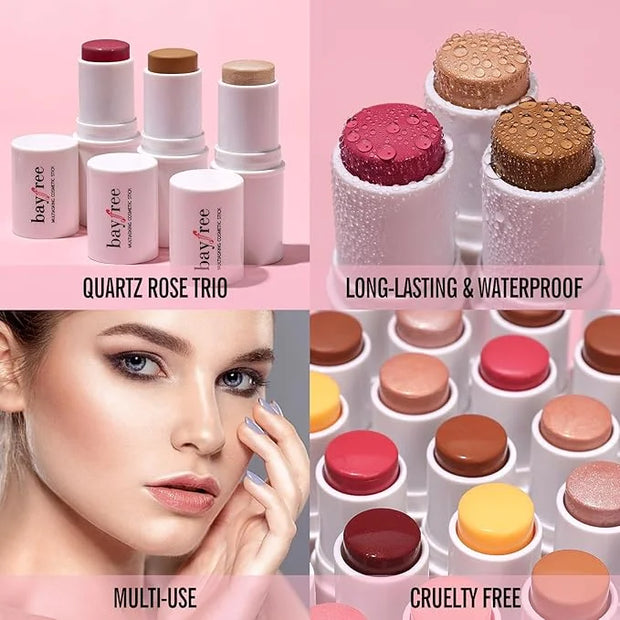 KIMUSE Multi Stick Trio Face Makeup, Cream Blush Stick for Cheeks & Lips, Contour Stick & Highlighter Makeup Sticks for Al...